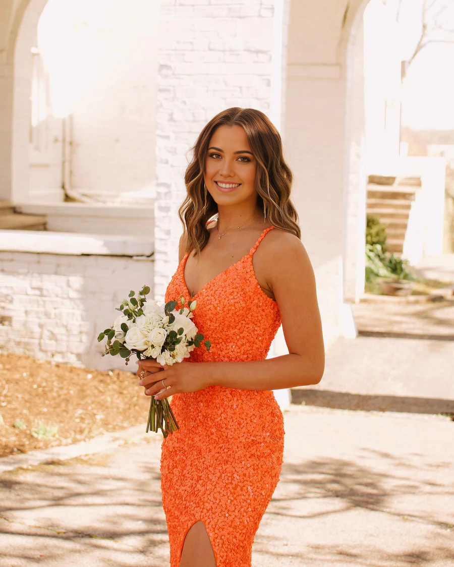 Mermaid V Neck Straps Orange Sequins Evening Dresses Prom Dresses with Slit